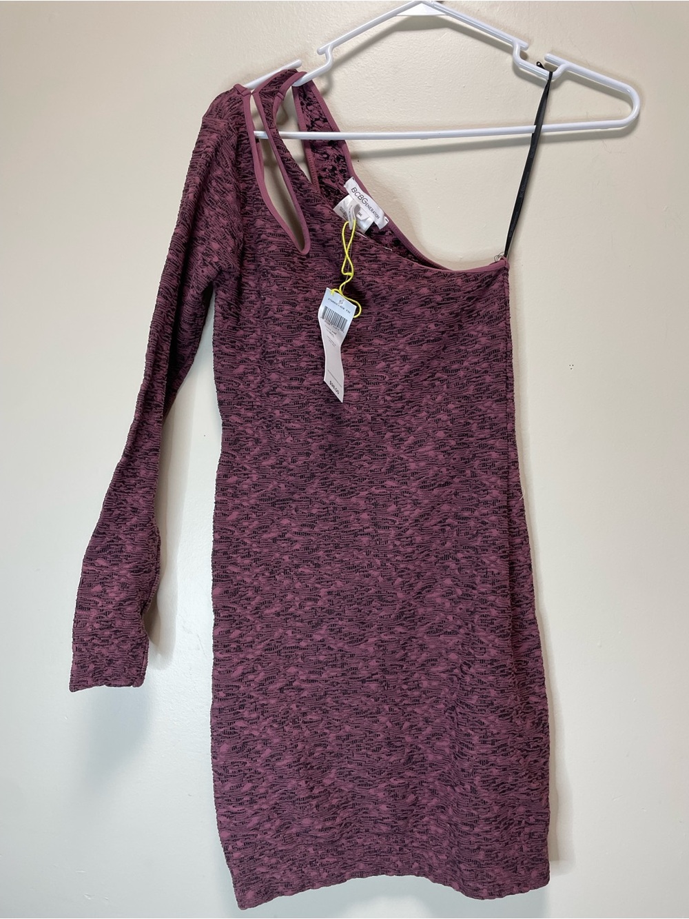 BCBGeneration One Shoulder Long Sleeve Dress Textured Lt Wine Size M/L NWT@
